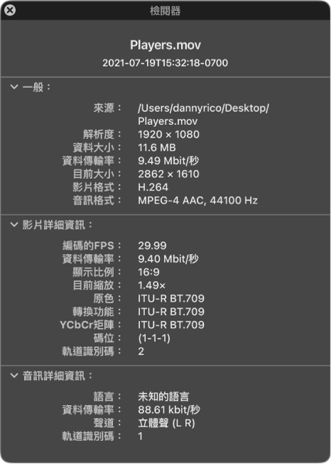 「影片檢閱器」顯示有關檔案的一般資訊，包含解析度、資料大小、影片與音訊格式等。此視窗也會顯示有關所選檔案的影片和音訊詳細資訊。