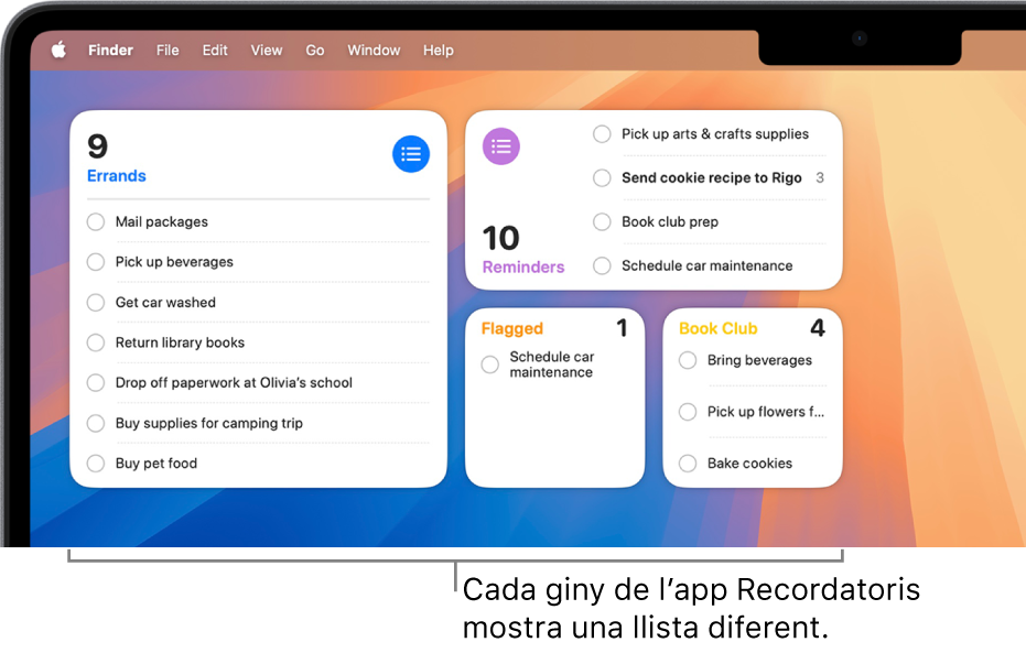 Quatre ginys de l’app Recordatoris a l’escriptori, cadascun amb una llista diferent.