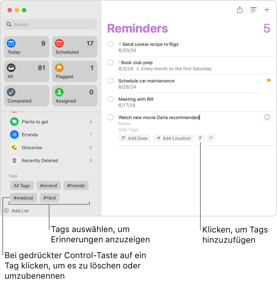 Ein Fenster „Erinnerungen“ zeigt mehrere Tags in der Seitenleiste sowie eine Erinnerung, auf die ein Tag angewendet wurde.