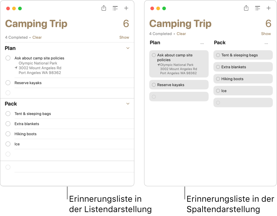 Links wird eine Erinnerungsliste als Liste dargestellt. Rechts ist dieselbe Erinnerungsliste in der Spaltendarstellung zu sehen. Die Erinnerungsliste hat zwei Abschnitte. Die Abschnittstitel werden als Spaltentitel verwendet.