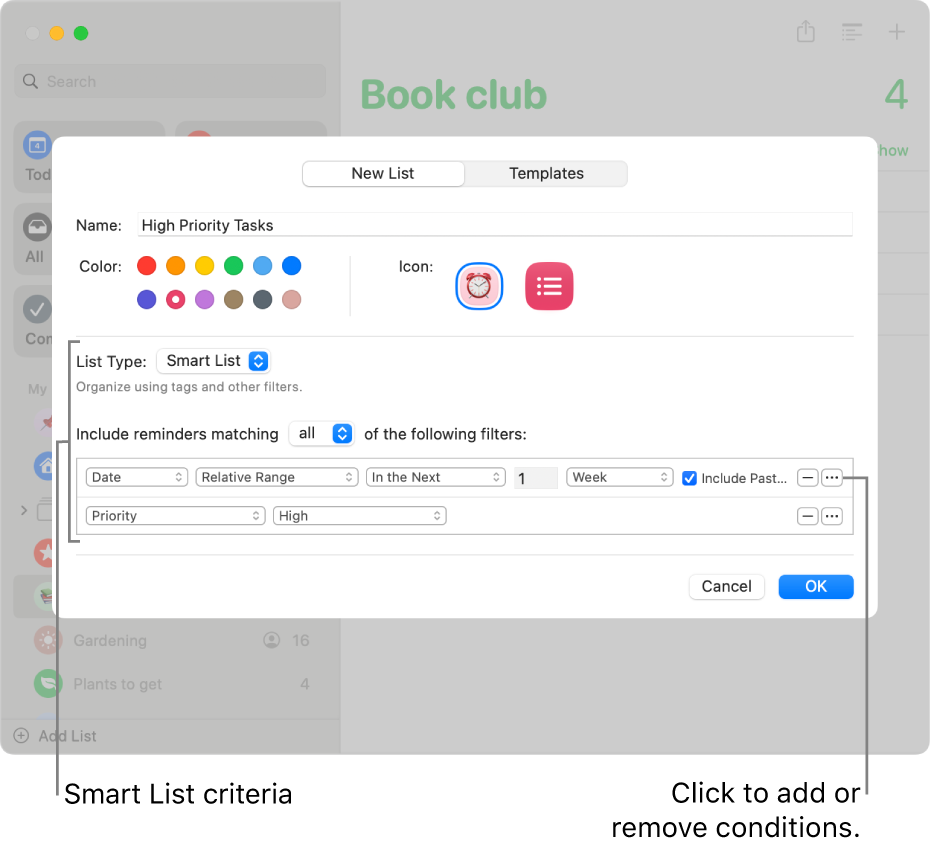 The New Smart List dialog, showing the fields used to specify the criteria.