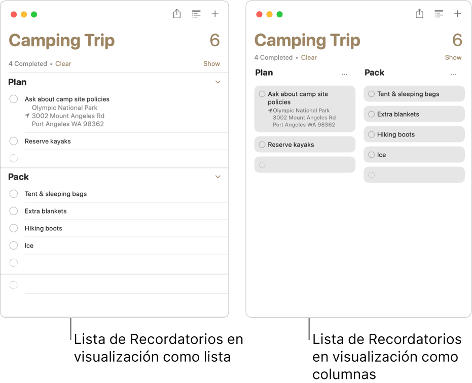 A la izquierda, se muestra una lista de recordatorios con visualización como lista; a la derecha, se muestra la misma lista de recordatorios con visualización como columnas. La lista de recordatorios tiene dos secciones; los títulos de la sección se usan para los encabezados de la columna.