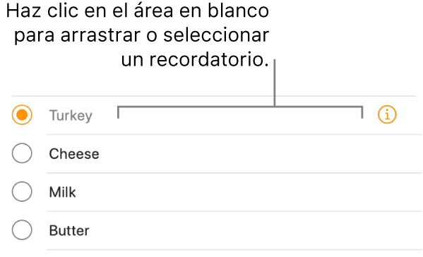 Haz clic en área en blanco a la derecha del nombre de un recordatorio para seleccionarlo.