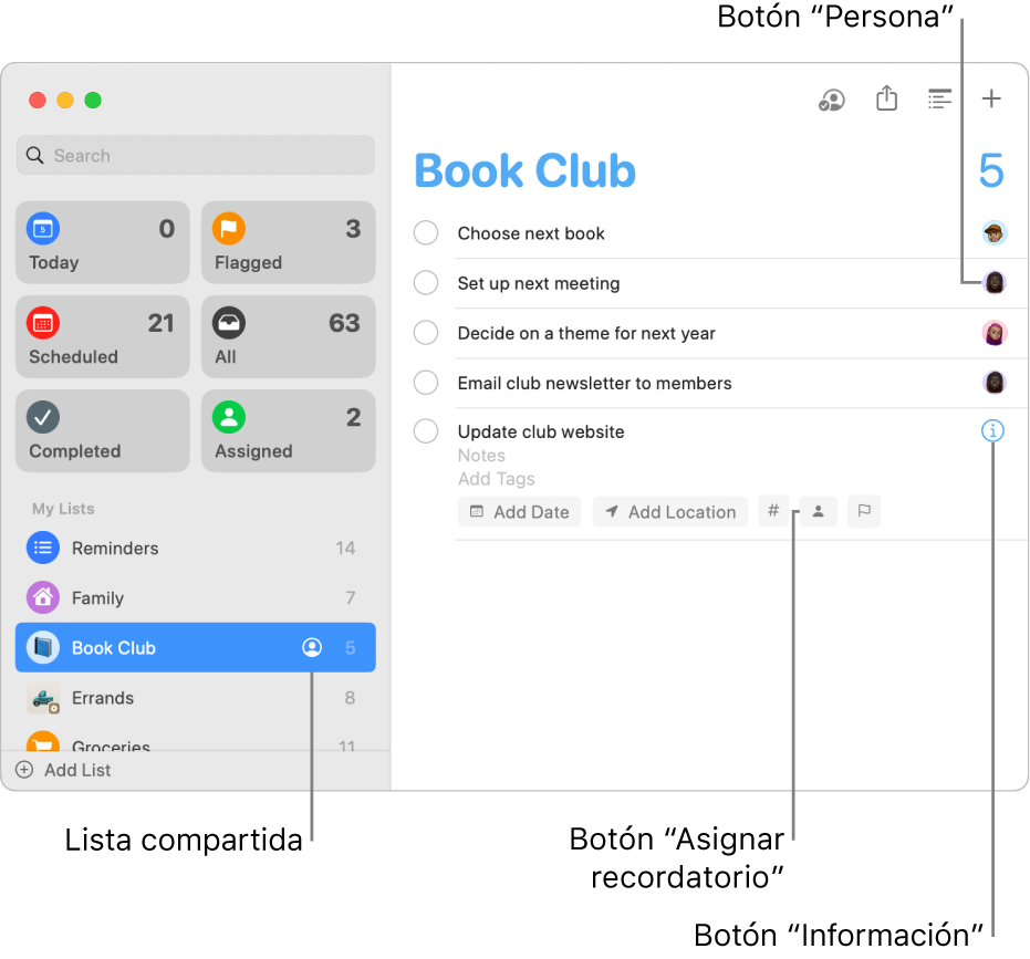 Una ventana de Recordatorios mostrando una lista compartida con recordatorios asignados.