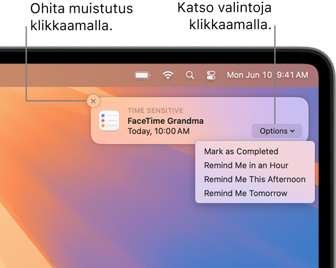 Muistutus-ilmoitus, jossa on Valmis- ja Myöhemmin-painikkeet.