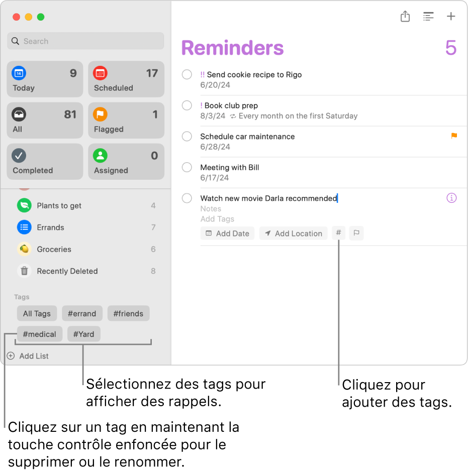 Une fenêtre Rappels affichant plusieurs tags dans la barre latérale et un rappel auquel un tag est appliqué.
