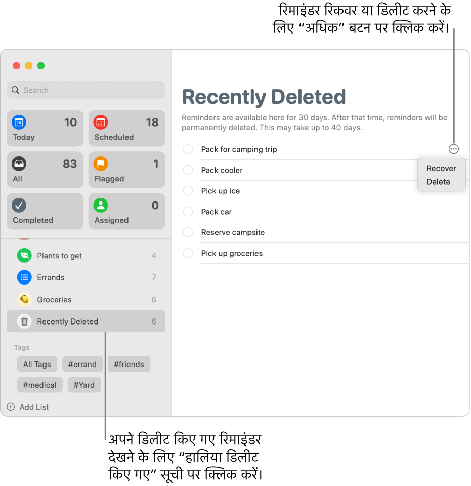 रिमाइंडर विंडो, जो साइडबार में चयनित हालिया डिलीट की गई सूची दिखाती है और रिमाइंडर के लिए अधिक बटन, जो रिकवर करने या डिलीट करने के विकल्प दिखाता है।