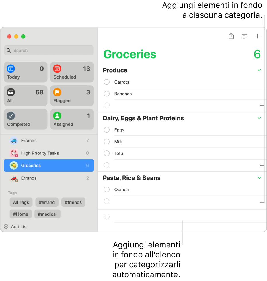 Una lista della spesa con articoli elencati in tre categorie. Ci sono campi vuoti in fondo a ogni categoria per aggiungere elementi e un campo vuoto in fondo all’intero elenco per aggiungere elementi che vengono categorizzati automaticamente.