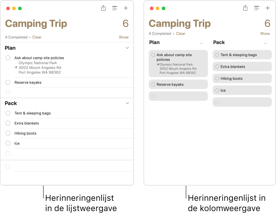 Aan de linkerkant wordt een herinneringenlijst als lijst weergegeven. Aan de rechterkant wordt dezelfde herinneringenlijst als kolom weergegeven. De herinneringenlijst heeft twee gedeelten en de titels van de gedeelten zijn gebruikt voor de kolomkoppen.
