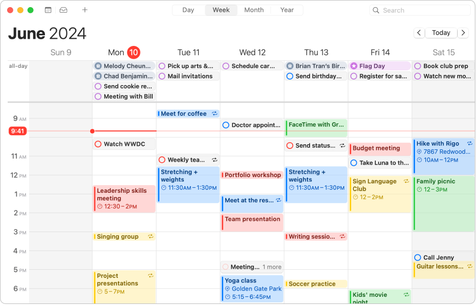 Een Agenda-venster met de geplande activiteiten en herinneringen van de week.