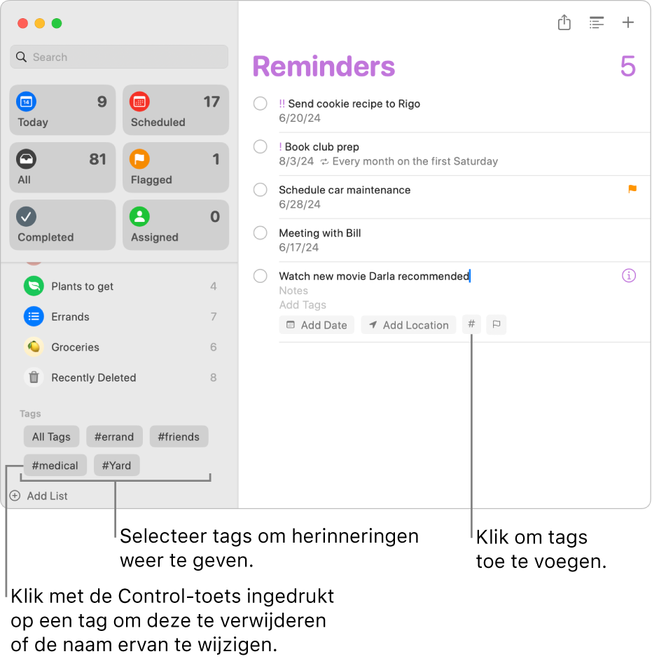 Een Herinneringen-venster met meerdere tags in de navigatiekolom en een herinnering met een toegepaste tag.