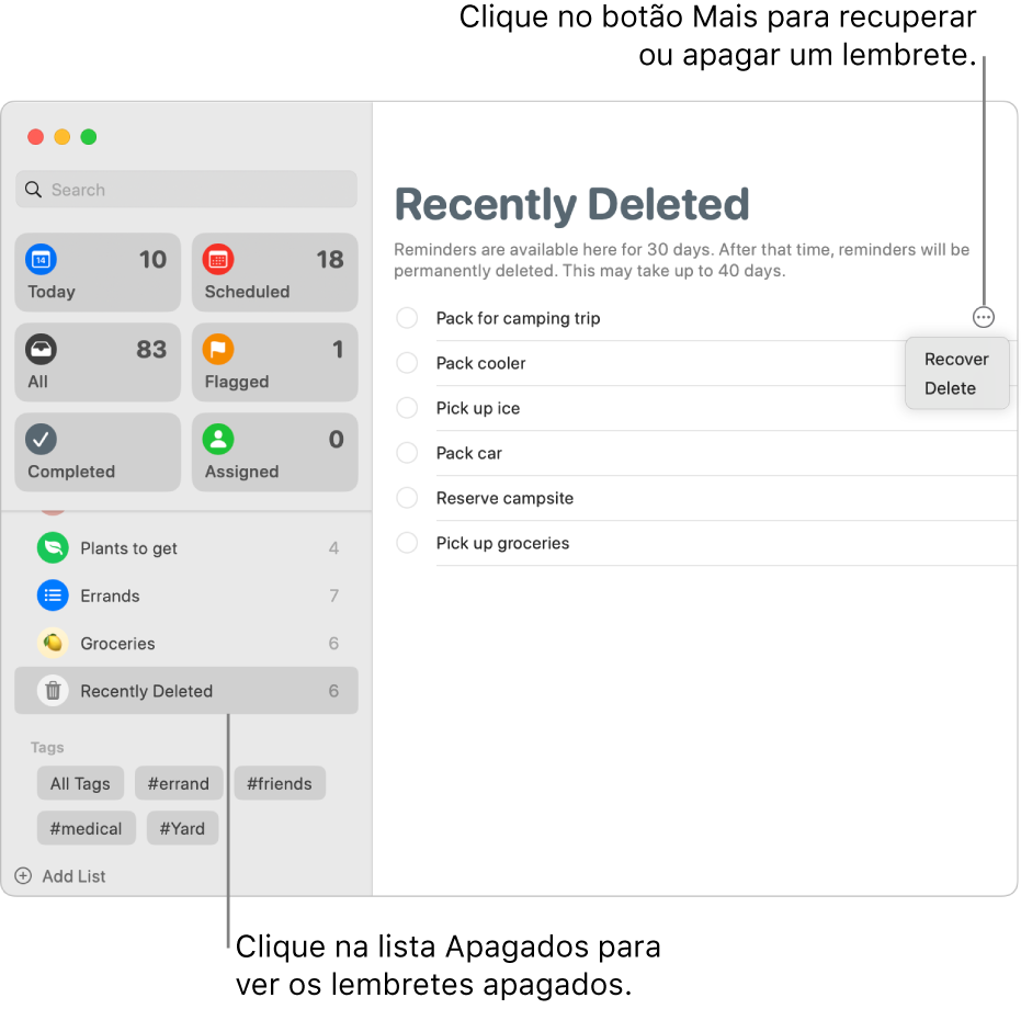 Uma janela do app Lembretes mostrando a lista Apagados selecionada na barra lateral, e o botão Mais de um lembrete mostrando as opções Recuperar ou Apagar.