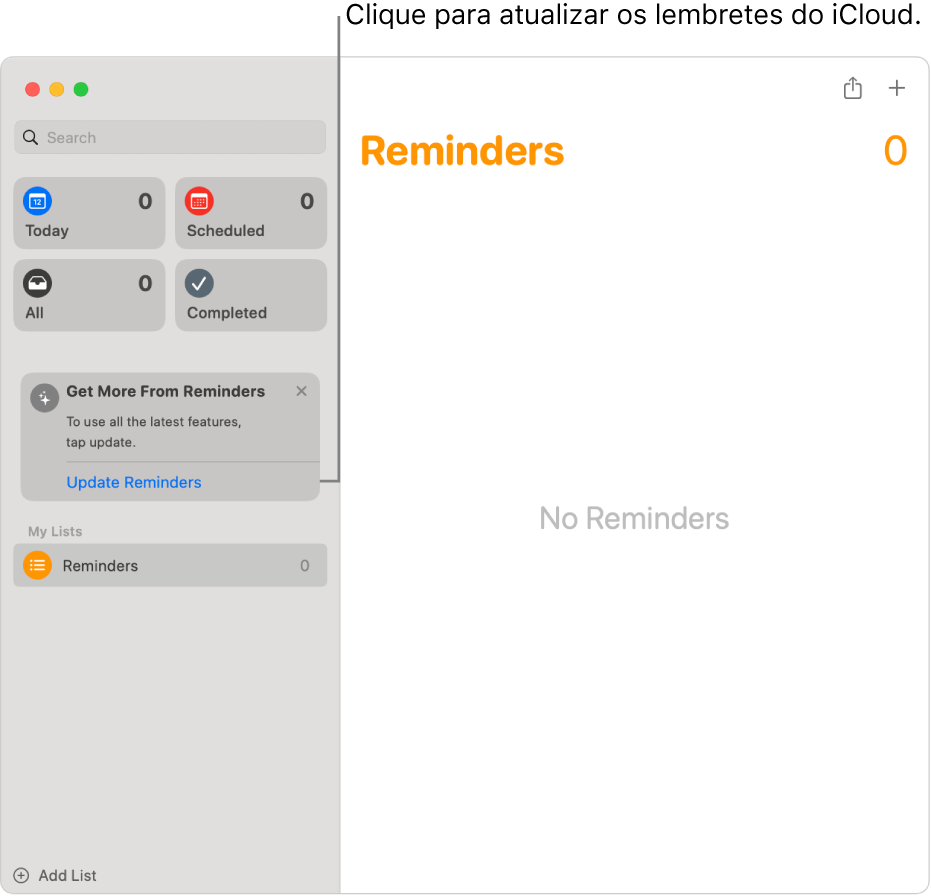 Janela do app Lembretes mostrando o botão Atualizar na barra lateral.