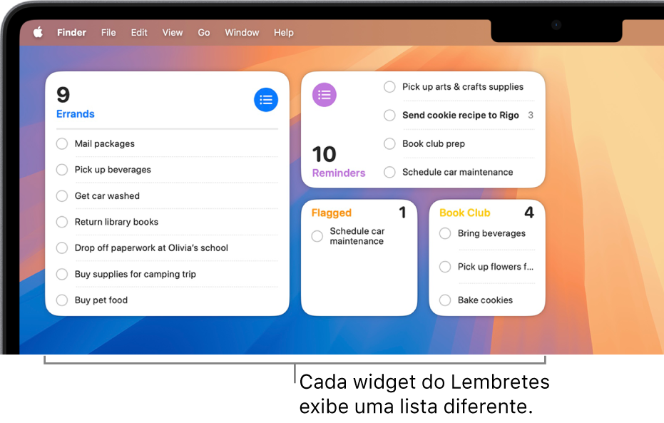 Quatro widgets do app Lembretes na mesa, cada um exibindo uma lista diferente.