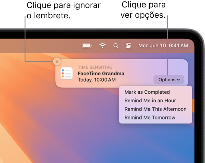 Uma notificação da aplicação Lembretes com os botões “Concluído” e “Agora não”.