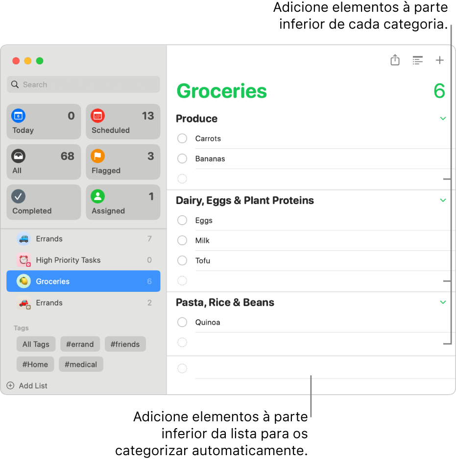 Uma lista de compras com elementos listados em três categorias. Existem campos vazios na parte inferior de cada categoria para adicionar elementos e um campo vazio na parte inferior da lista inteira para adicionar elementos que são categorizados automaticamente.