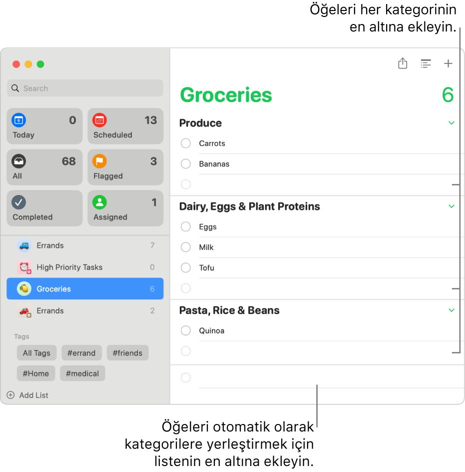 Öğeleri üç kategori hâlinde listelenmiş bir alışveriş listesi. Her kategorinin en altında öğe eklenebilecek boş alanlar ve listenin tamamının en altında otomatik olarak kategorilere yerleştirilecek öğelerin eklenebileceği boş bir alan var.