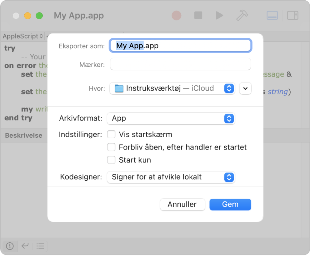 Dialogen Eksporter viser lokalmenuen Arkivformat, hvor App er valgt, og de indstillinger, du kan vælge, når du gemmer din instruks.