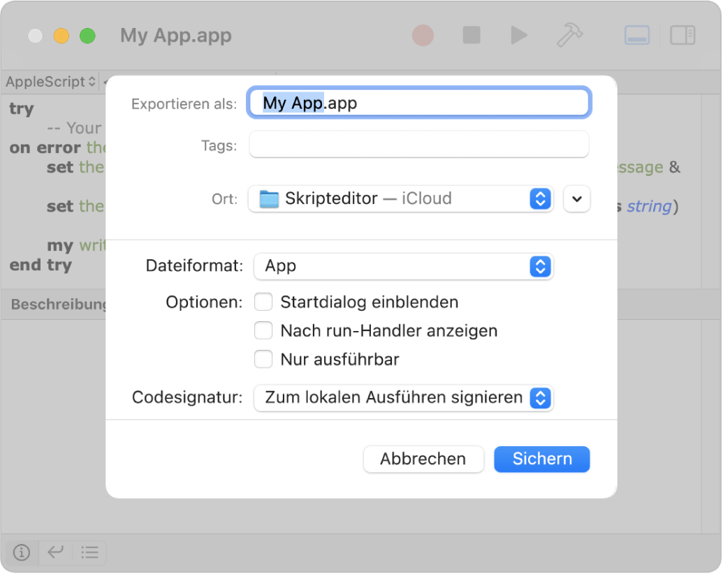 Das Dialogfenster „Exportieren mit dem Einblendmenü „Dateiformat“ und ausgewählter Option „Programm“ sowie den Optionen, die du zum Sichern deines Skripts festlegen kannst