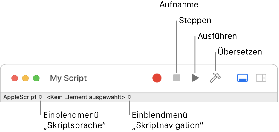 Die Skripteditor-Symbolleiste mit den Steuerelementen für Aufzeichnen, Stoppen, Ausführen, Kompilieren, Skriptsprache und Skriptnavigation