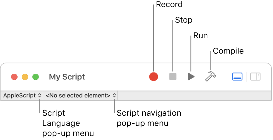 The Script Editor toolbar showing the record, stop, run, compile, script language and script navigation controls.