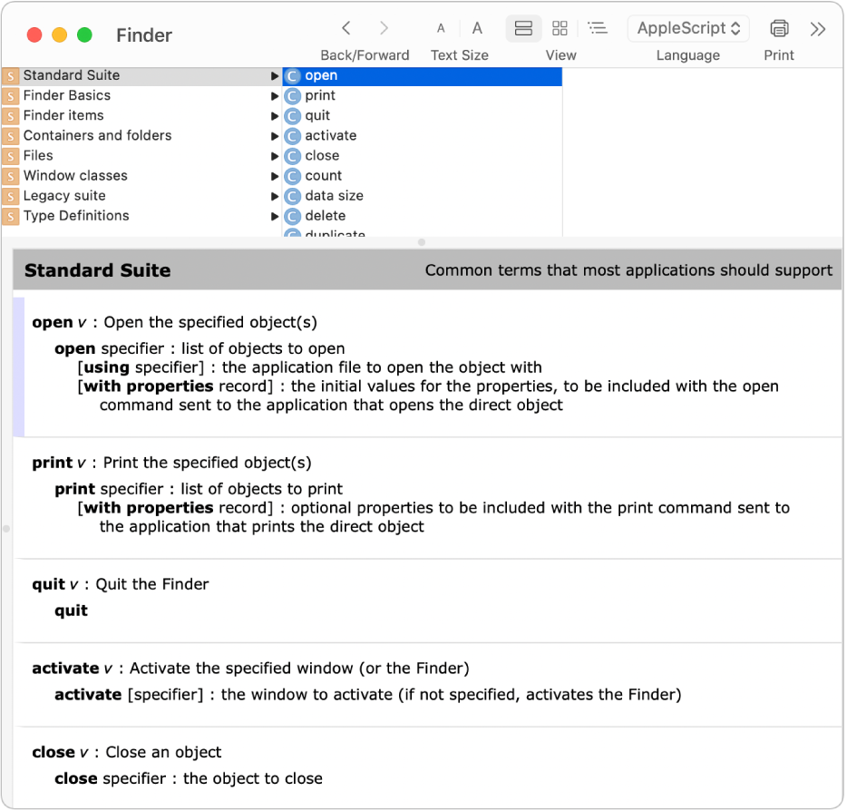 The AppleScript dictionary for the Finder.