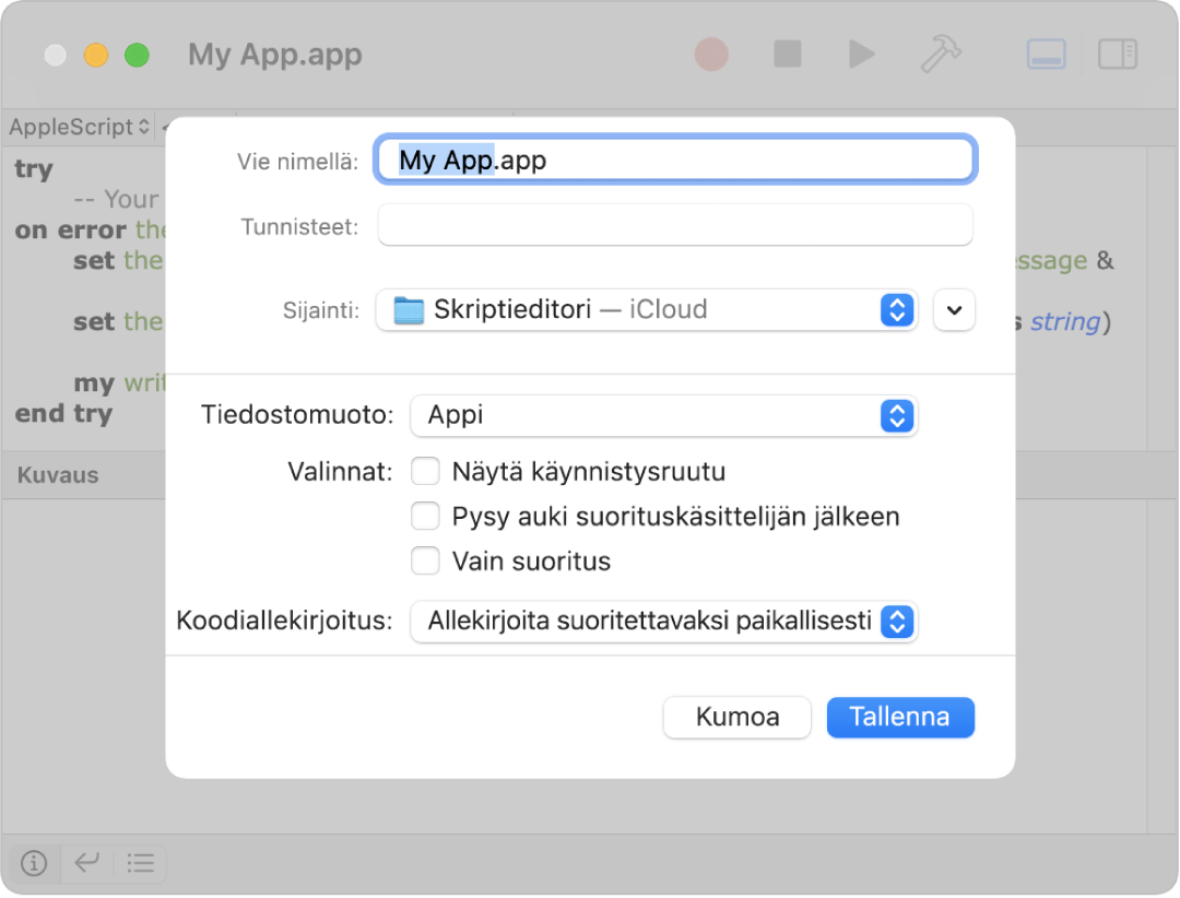 Vienti-valintaikkuna, jossa näkyy Tiedostomuoto-ponnahdusvalikossa valittuna Appi ja asetukset, joita voit määrittää skriptiä tallentaessa.