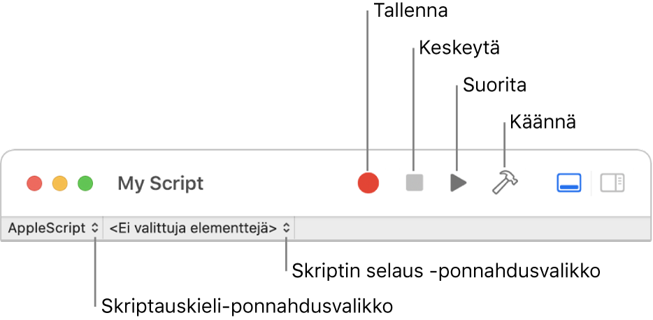 Skriptieditorin työkalupalkki, jossa näkyy säätimet tallentamiselle, keskeyttämiselle, suorittamiselle, kääntämiselle, skriptikielelle ja skriptin selaamiselle.