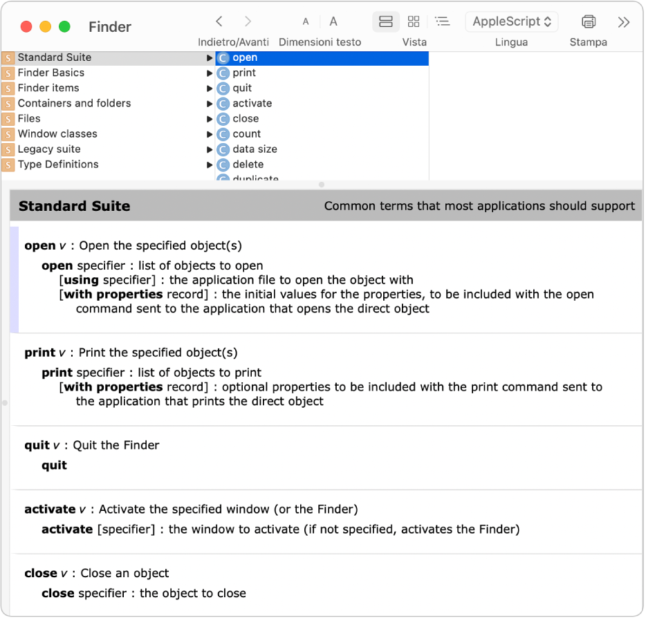 Il dizionario AppleScript per il Finder.