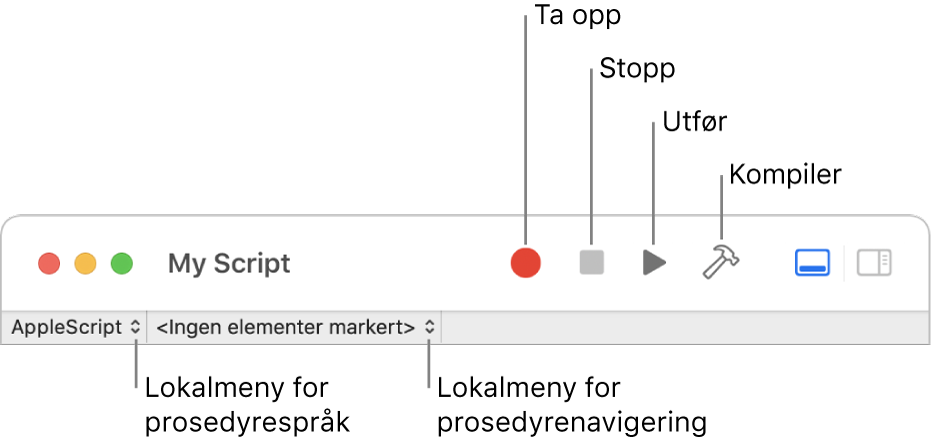 Verktøylinjen for prosedyreredigering, som viser oppføringen, stopp, kjør, kompiler, prosedyrespråk og kontroller for prosedyrenavigering.