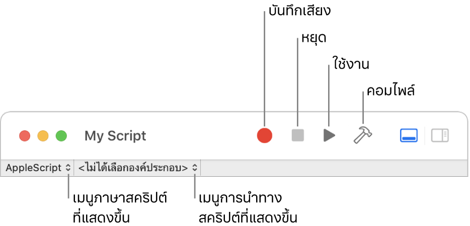 แถบเครื่องมือหน้าต่างแก้ไขสคริปต์