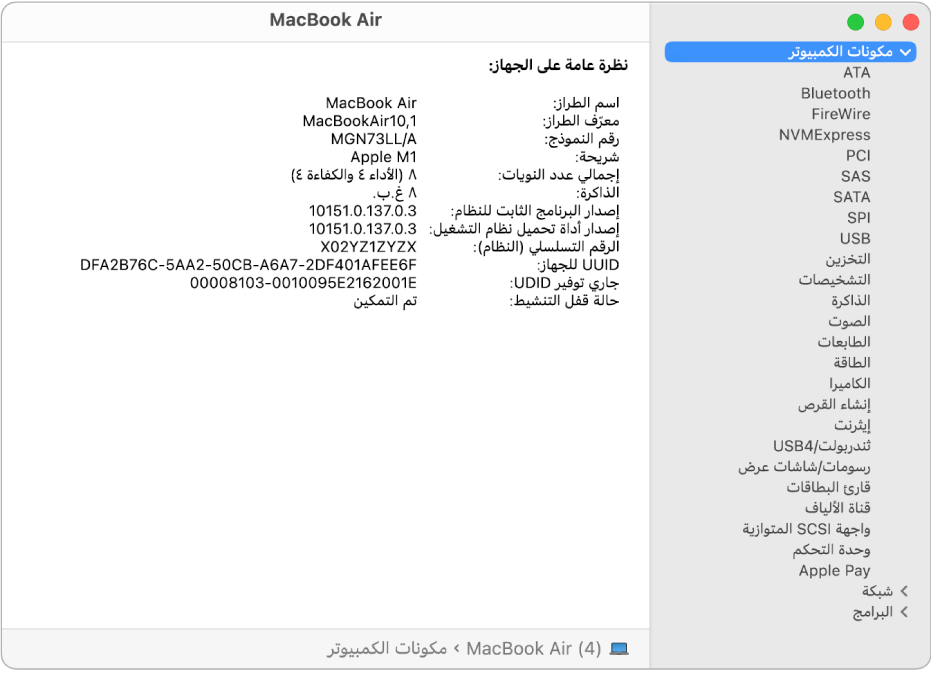 قسم نظرة عامة على الجهاز في تقرير نظام.