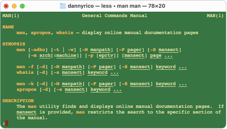 A Terminal window showing the manpage details of the man command.