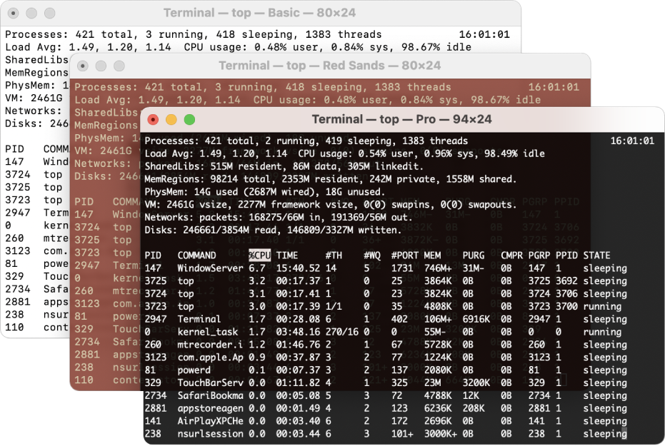 Tres ventanas de Terminal, cada una con un color de fondo diferente.