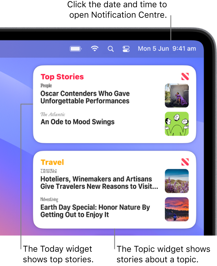 The Today and Topic widgets in Notification Centre.