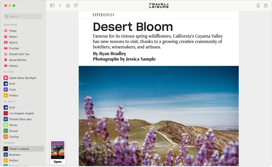 The Apple News window showing a channel selected in the sidebar and a story from the channel on the right.