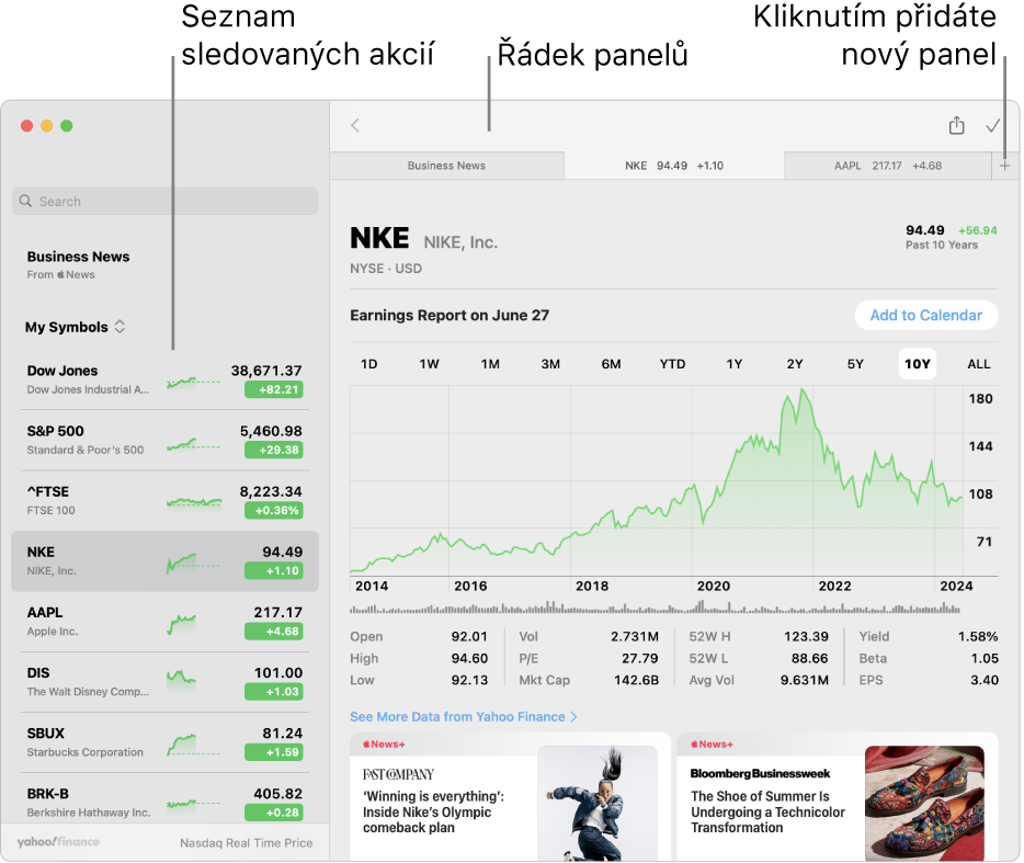 Okno Akcie se seznamem sledovaných akcií na levé straně, kde je vybraný jeden akciový titul, a s odpovídajícím grafem a zpravodajským kanálem na pravém panelu. V horní části okna jsou panely vybraných akciových titulů spolu se znaménkem plus, které lze použít k přidání nového panelu