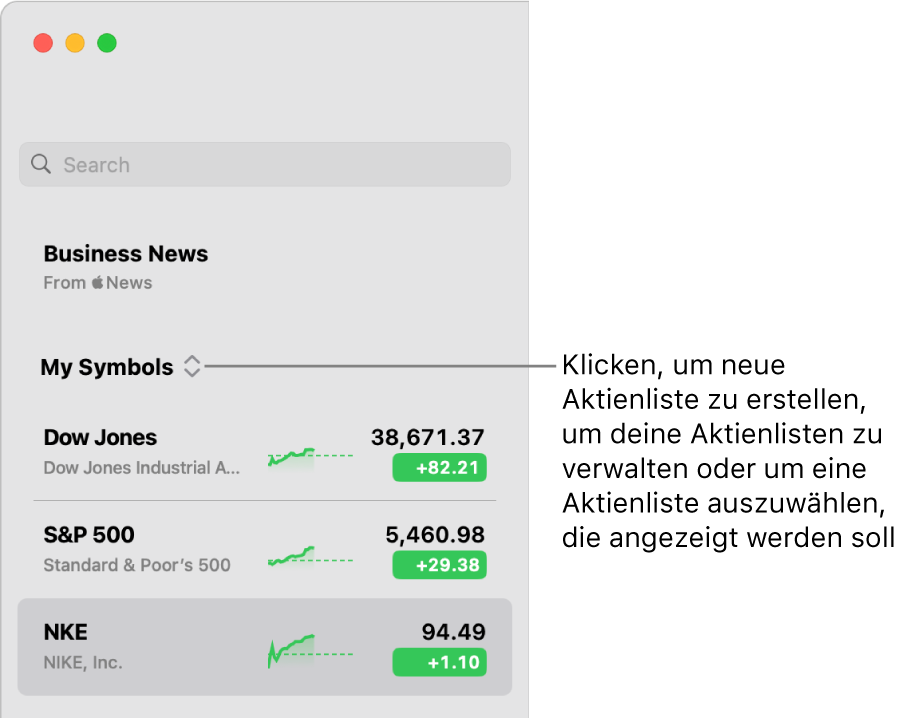 Das Einblendmenü für die Aktienliste oben in der Seitenleisten mit dem Namen der aktuellen Aktienliste.