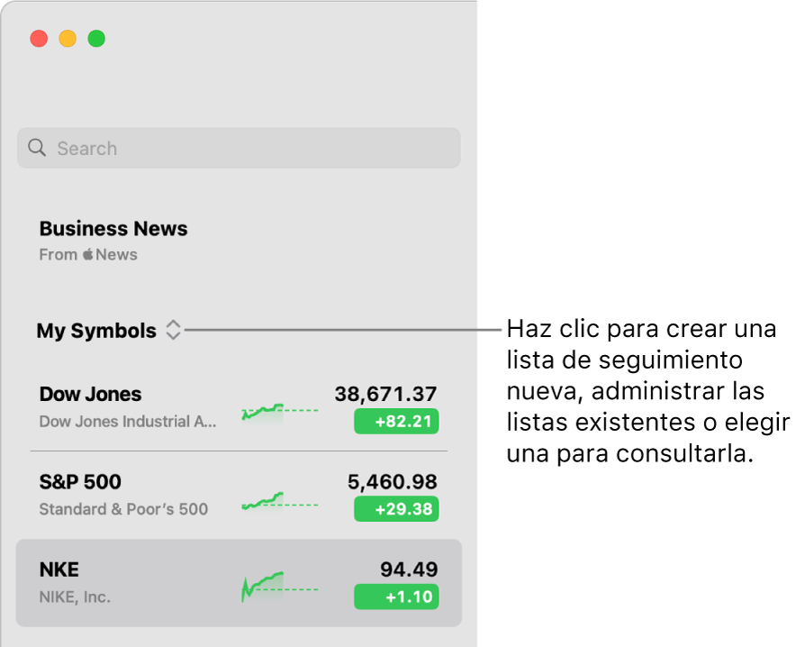 El menú desplegable de la lista de seguimiento en la parte superior de la barra lateral con el nombre de la lista de seguimiento actual.