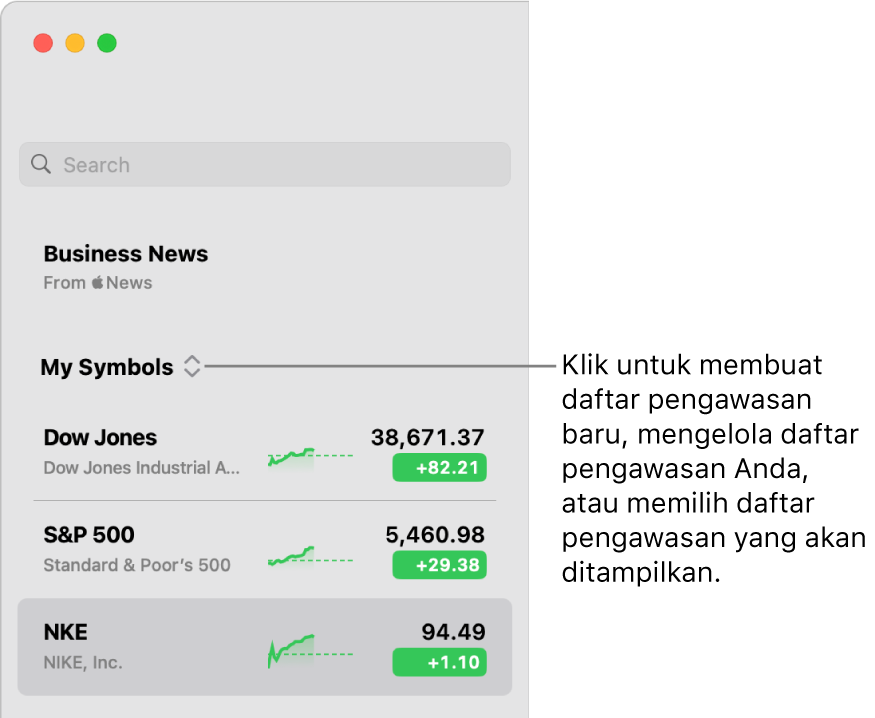 Menu pop-up daftar pengawasan di bagian atas bar samping dengan nama daftar pengawasan saat ini.