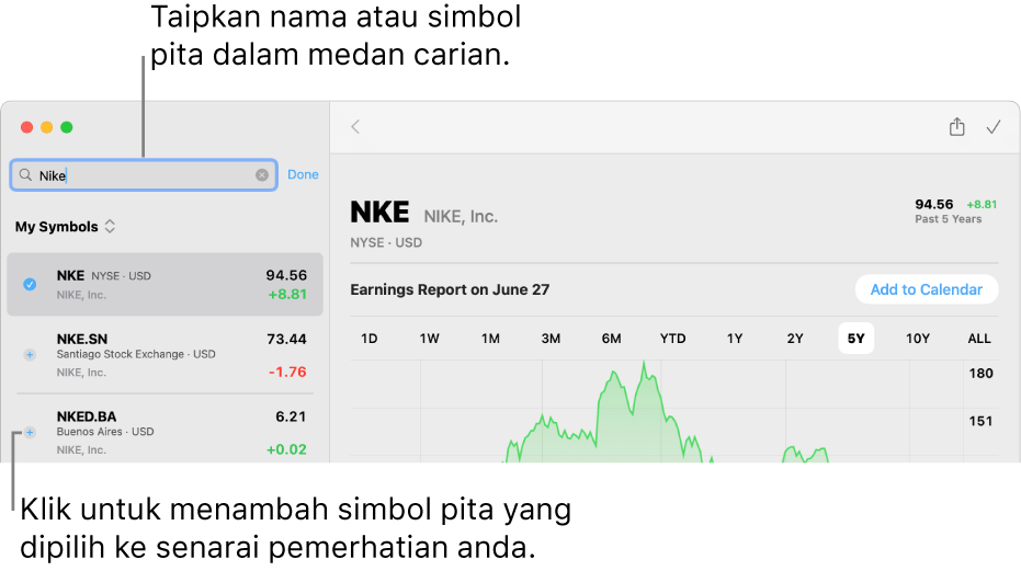 Tetingkap Saham menunjukkan medan carian, senarai hasil carian dan butang Tambah ke Senarai Pemerhatian.