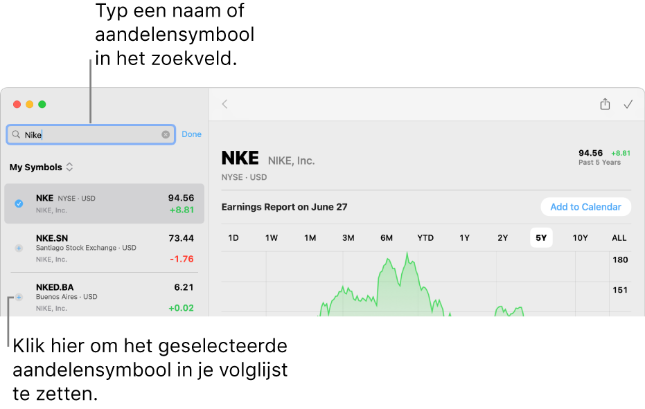 Een Aandelen-scherm met het zoekveld, een lijst met zoekresultaten en de knop 'Voeg toe aan volglijst'.