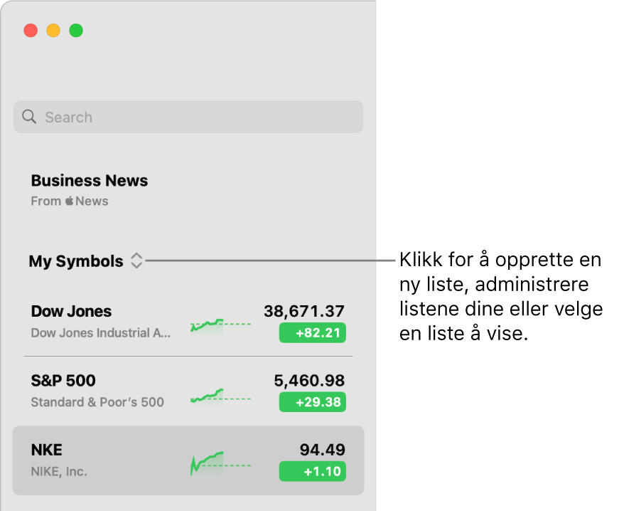 Liste-lokalmenyen øverst i sidepanelet med navnet på den gjeldende listen.