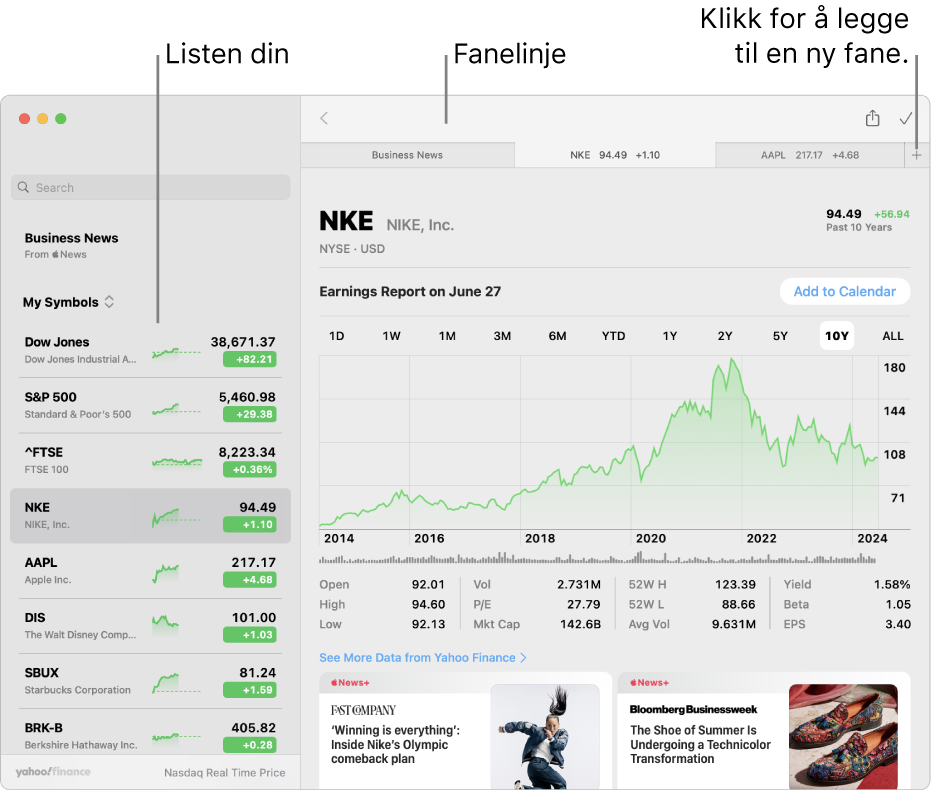 Et Aksjer-vindu viser listen din til venstre med ett tickersymbol valgt, og tilsvarende diagram og nyhetsstrøm i høyre panel. Faner for valgte tickersymboler vises langs toppen av vinduet sammen med et pluss-symbol som kan brukes til å legge til en ny fane.