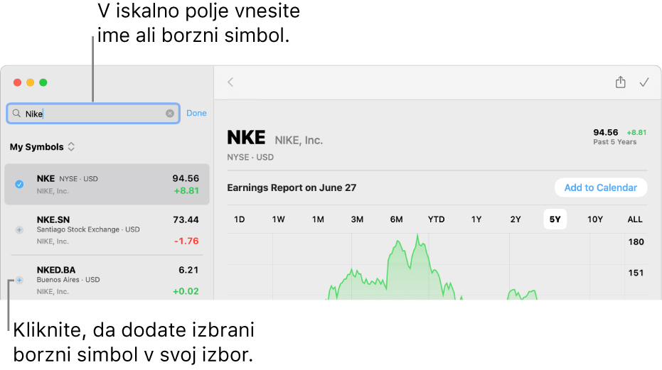 Okno Borze, ki prikazuje iskalno polje, seznam rezultatov iskanja in gumb Dodaj v izbor.