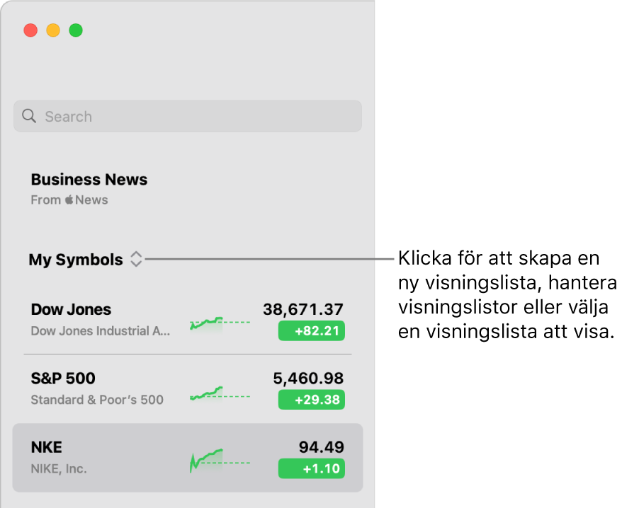 Popupmenyn för visningslistor överst i sidofältet med namnet på den aktuella visningslistan.