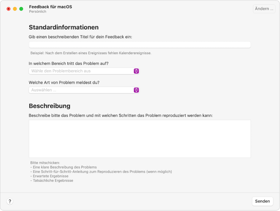 Feedback-Formular mit Feldern für wichtige Informationen und Beschreibungen.