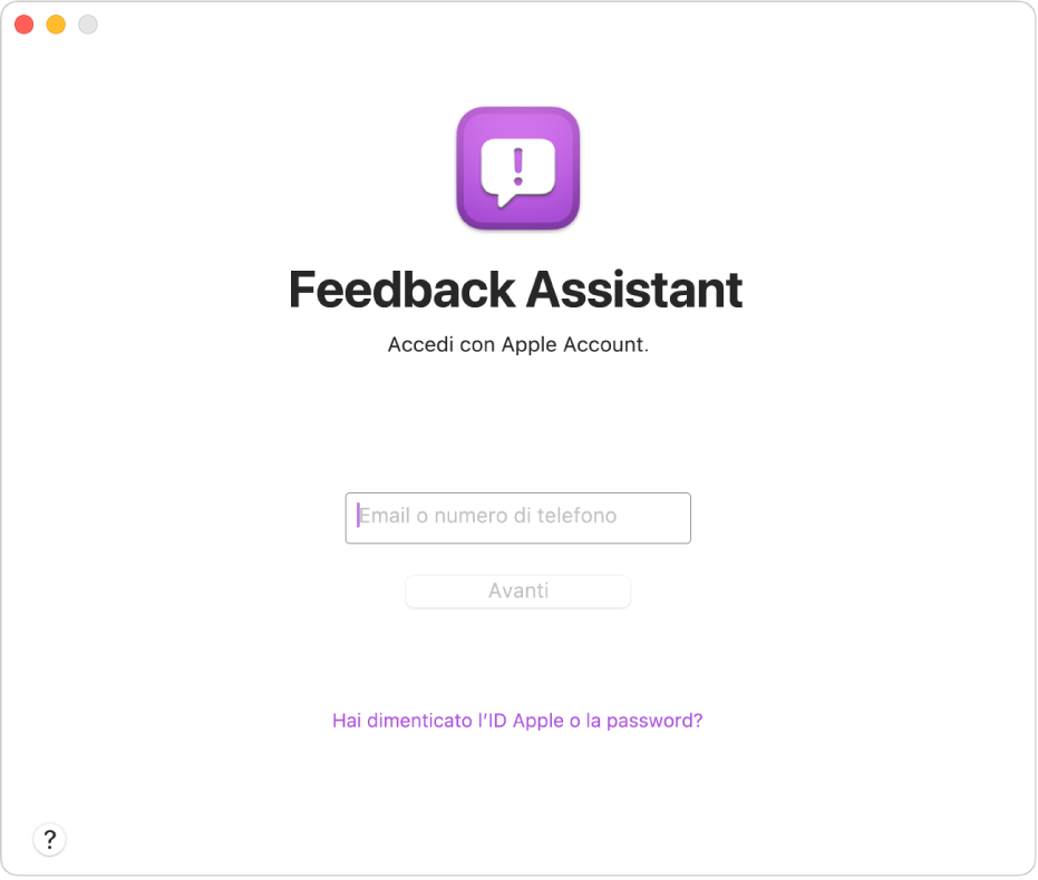 La finestra di accesso di Feedback Assistant.