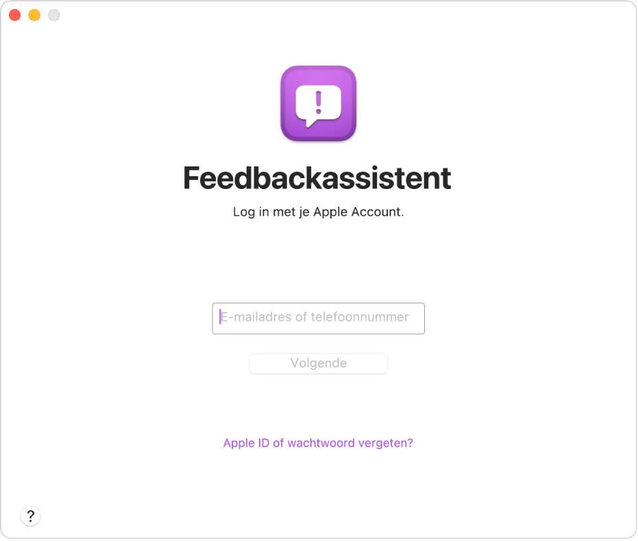 Het inlogvenster van de Feedbackassistent.