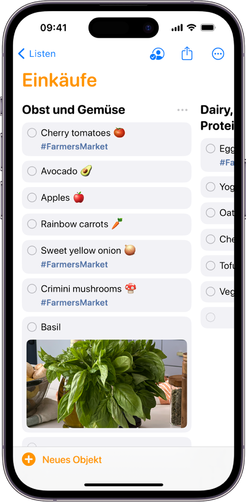 Eine Einkaufsliste in der App „Erinnerungen“. Die Liste ist in vertikale Spalten gegliedert.